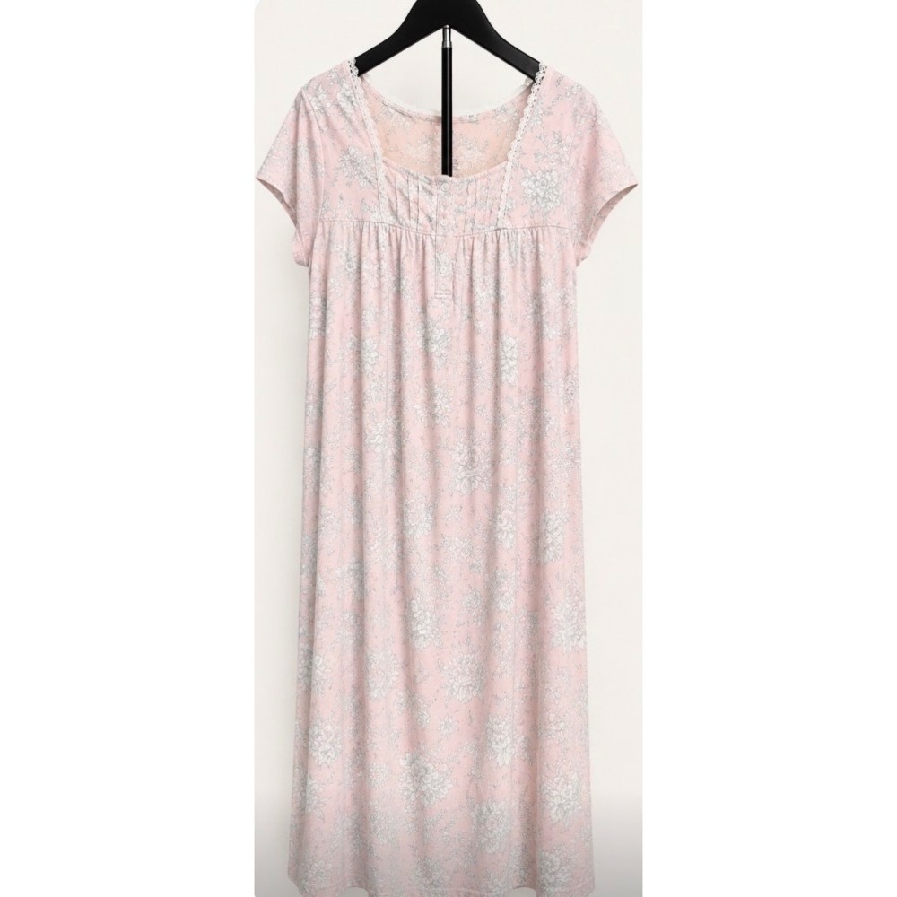 Croft & Barrow Pink Floral Lace Trim Short Sleeve Nightgown Sleep Dress Large
